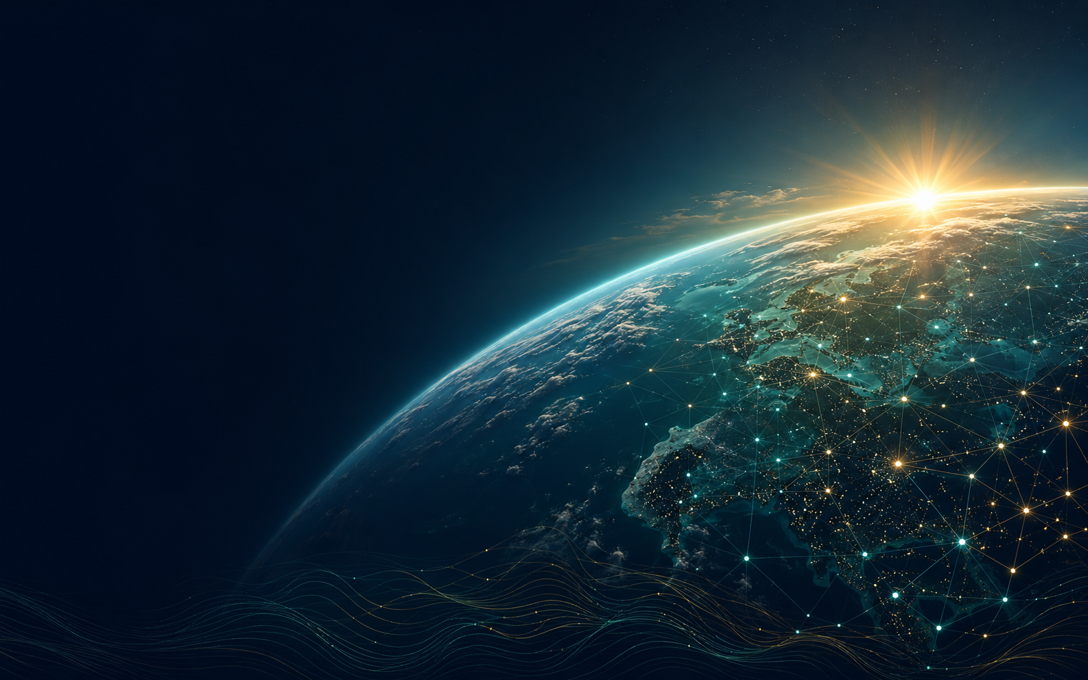 An illustrated connected Earth illuminated by sunrise